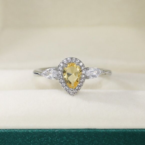 🔥925 Silver Yellow Water Drop Romantic Crystal Diamond Ring for Women, K778 - Picture 4 of 10